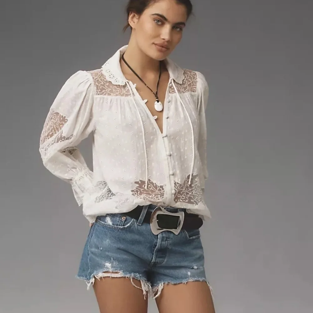 Anthropologie White Eyelet Lace Button-Front Blouse